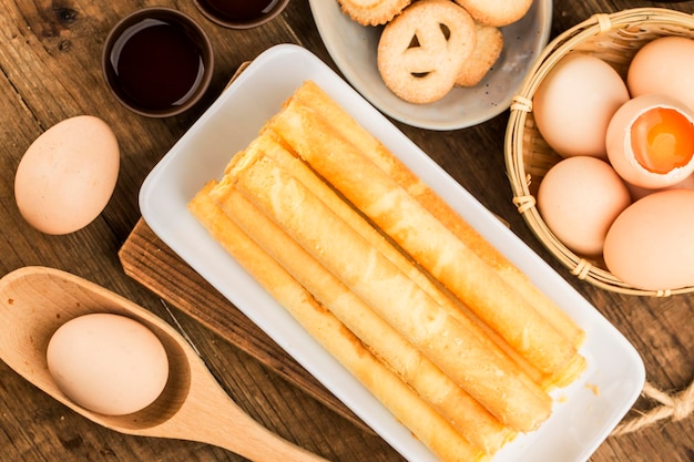 Egg roll biscuit on plate