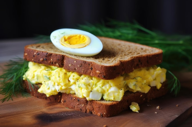 Photo egg salad sandwich with pickles on wheat bread