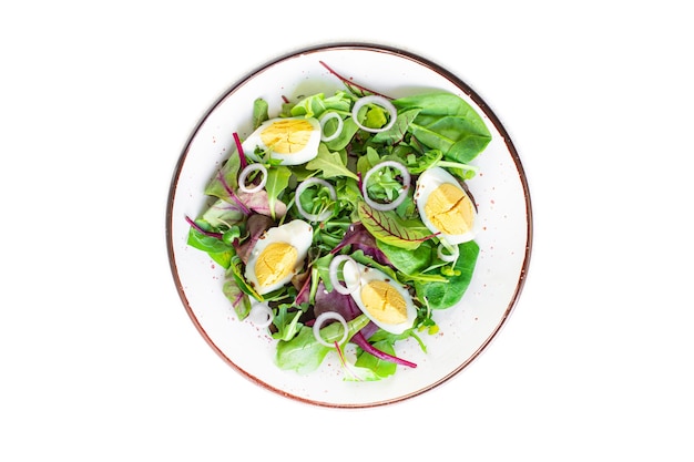 Egg salad vegetables fresh green leaves mix spinach arugula lettuce eggs boiled organic  food