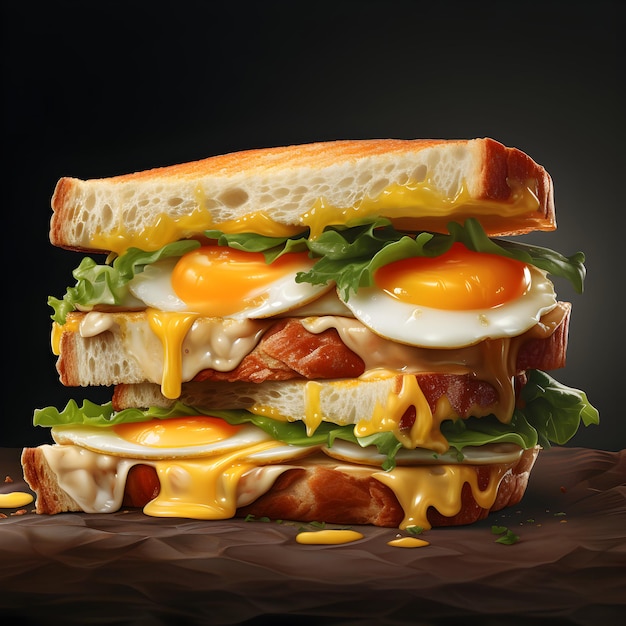 Яичный сэндвич с сыром с салатами на темном фоне