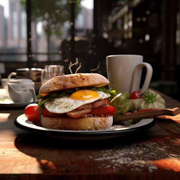 Egg and sausage sandwich on the wood table