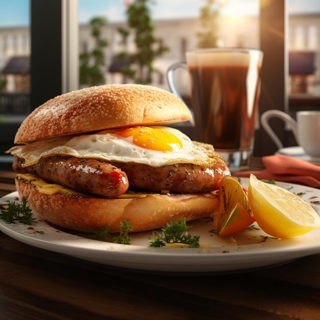 Premium AI Image | Egg and sausage sandwich on the wood table