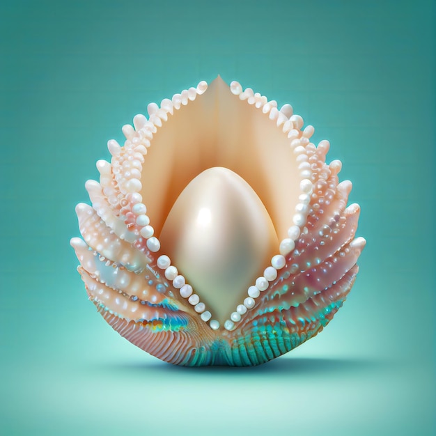 Egg shaped pearl in seashell on blue background Eater design element. AI Generative.