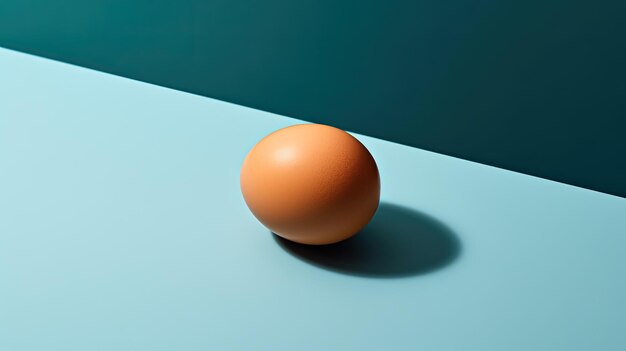 An egg sits on a blue table in front of a blue background.