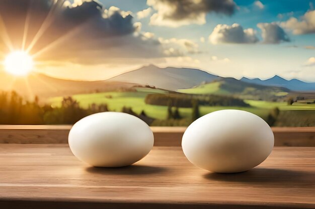 Foto un uovo si siede su un tavolo con uno sfondo cielo aperto