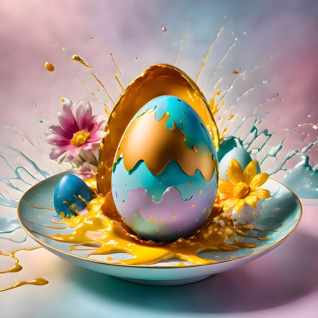 写真 卵のから卵が飛び出している 3d レンダリング 色とりどりのイースターエッグ