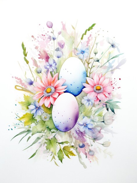 Egg Surrounded by Flowers Watercolor Painting