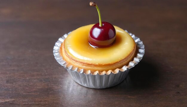 egg tart in aluminum foil cup with red cherry on wood table