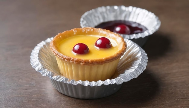 Photo egg tart in aluminum foil cup with red cherry on wood table