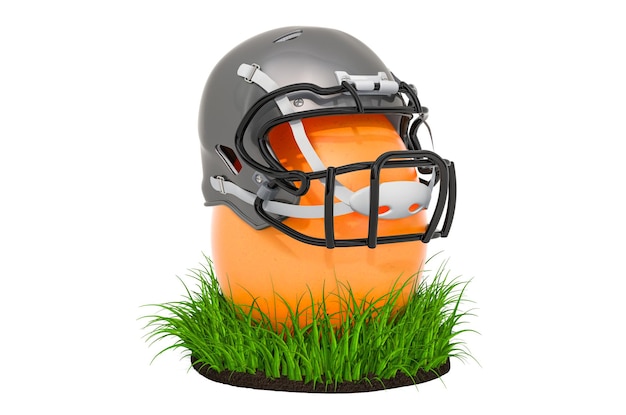 Egg with American football helmet in the green grass 3D rendering