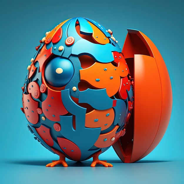 An egg with a bird on it is painted blue and orange.