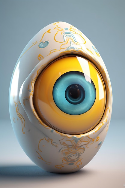 A egg with a blue eye and a gold design on it.