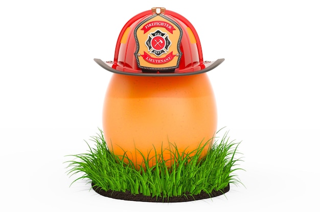 Egg with firefighter helmet in the green grass 3D rendering