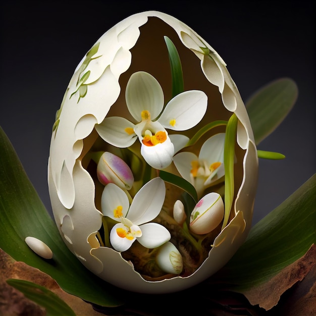 An egg with flowers inside of it that is made out of paper.