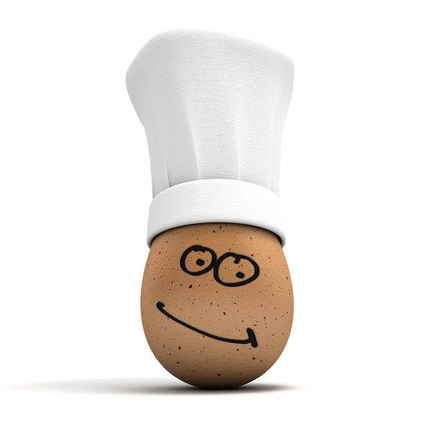 an egg with a painted funny face wearing a chef toque