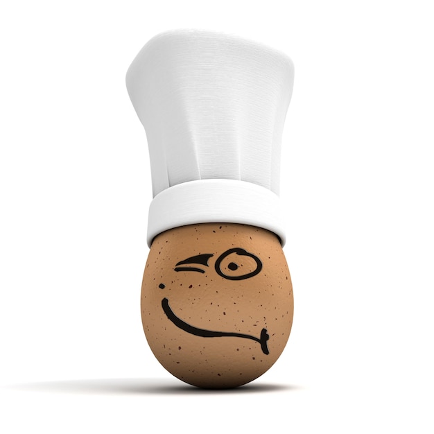 egg with a painted winking face wearing a chefs toque