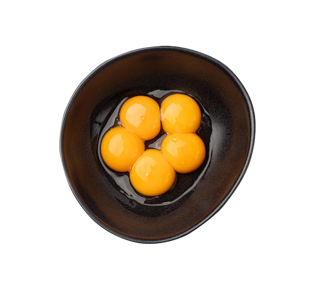 Egg Yolks in Bowl 5 Fresh Chicken Egg Yolk Separated from Whites for Cooking Recipe Five Organic Yolks in Black Bowl Clipping Path