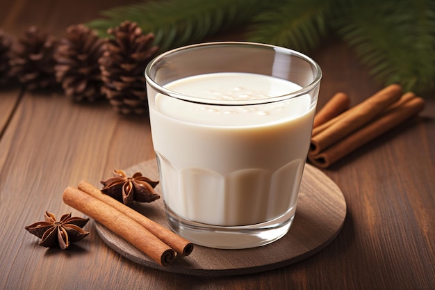 Eggnog Christmas cocktail with cinnamon sticks Drink for Christmas and winter holidays AI generated