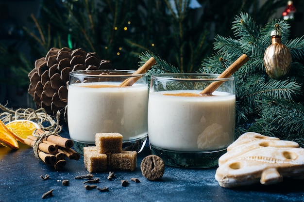 Eggnog (egg-nog), traditional Christmas winter drink with cinnamon, cloves and nutmeg. Homemade drinks. Winter Christmas mood.