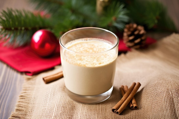Photo eggnog in a glass with a rustic burlap backdrop