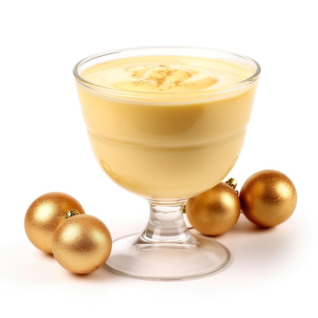 Eggnog in a golden cup isolated on white background