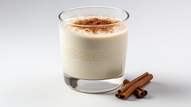 Foto eggnog met kaneelpoeder en stok in een schone achtergrond generatieve ai