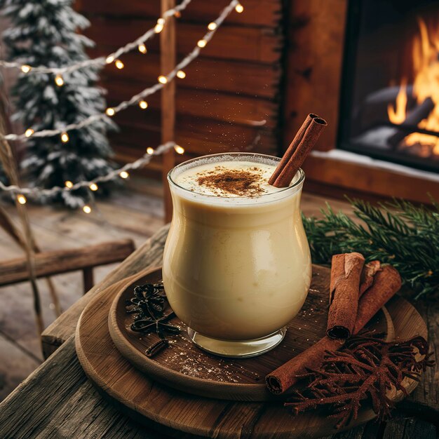 Photo eggnog with cinnamon for christmas in a rustic setting