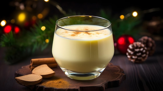 Eggnog with Cinnamon Stick on a Wooden Coaster and Christmas Tree Background