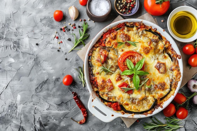 Eggplant casserole with cheese and tomato sauce in a white baking dish on a gray background