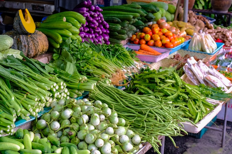 Photo eggplant, cucumber, long beans, kale, cantonese, chili, cabbage to the market.