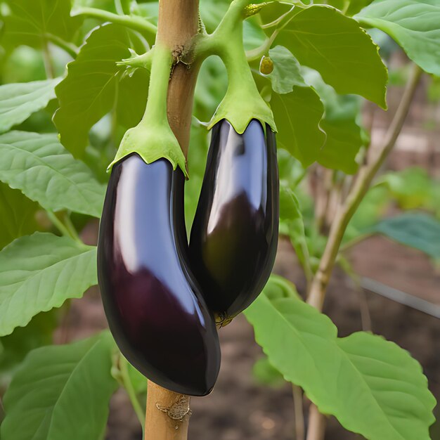 Photo a eggplant is growing on a plant in a garden