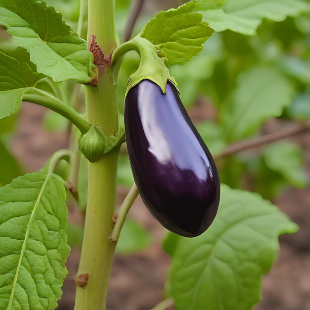 Photo a eggplant is growing on a plant in the garden