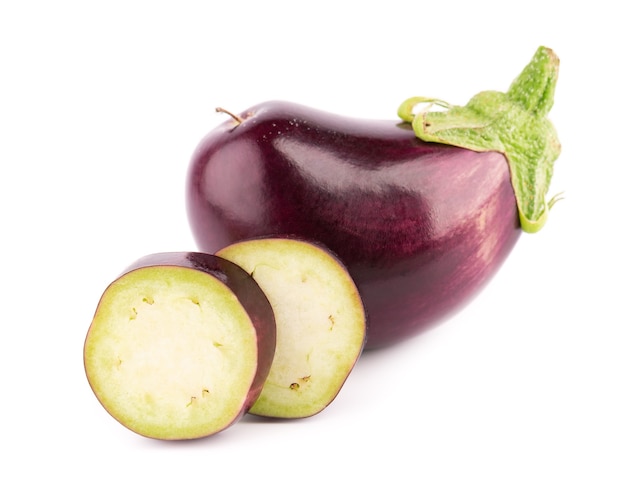 Eggplant isolated on white. Fresh sliced eggplant or aubergine vegetable.