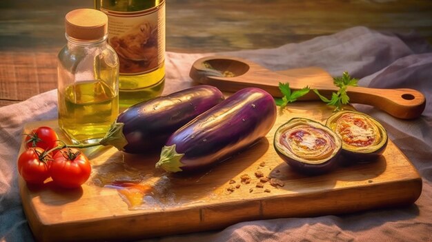 Photo eggplant and olive oil on a wooden board