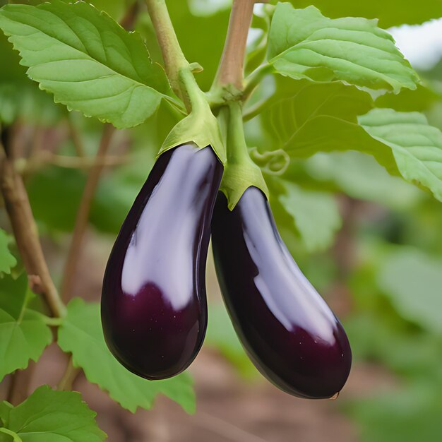 eggplant on a plant with the leaves still attached