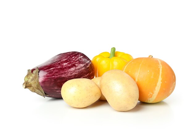 Eggplant, potato, bell pepper and pumpkin isolated on white background