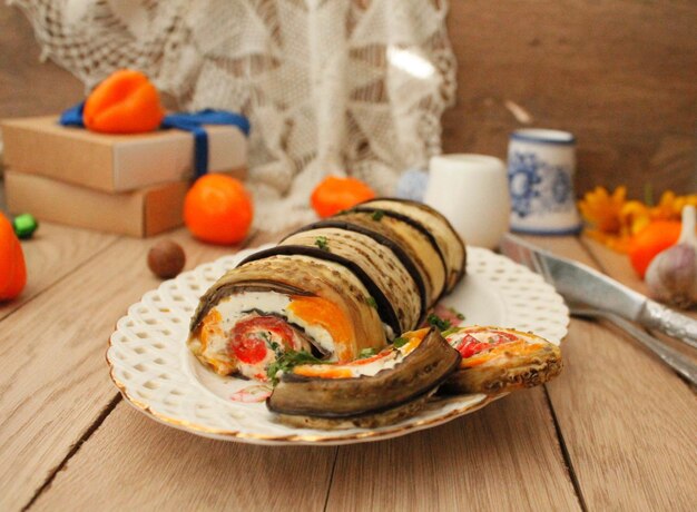 Photo eggplant rolls filled with cheese