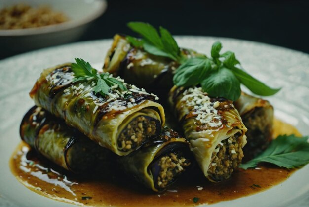 Eggplant rolls stuffed with a walnut paste garlic and herbs