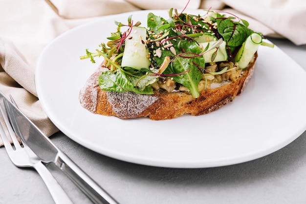 Eggplant salad on bread close up