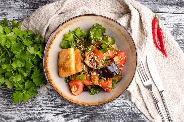 Eggplant salad eggplant salad on a white background juice view and top