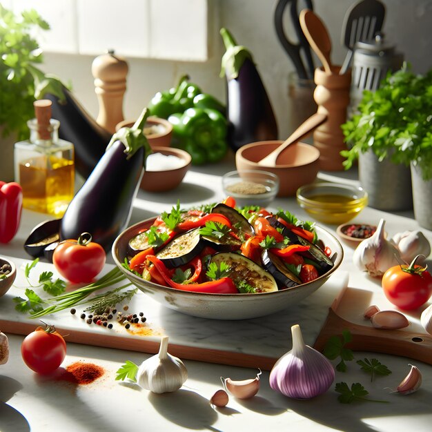 Eggplant Salad with Roasted Peppers on Marble Counter