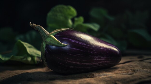 Eggplant with drops of water on a wooden table generative ai