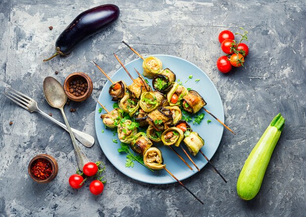 Eggplant with meat on skewers