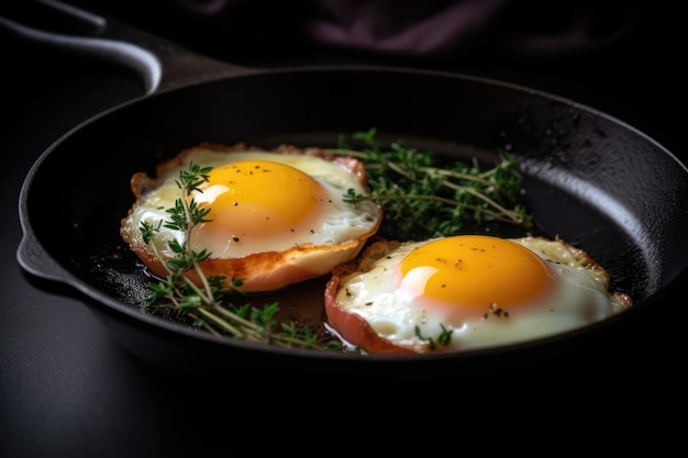 Photo eggs and bacon with a thyme sprig in a frying pan wooden background