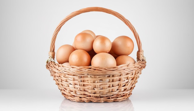 Eggs in basket isolated on white background