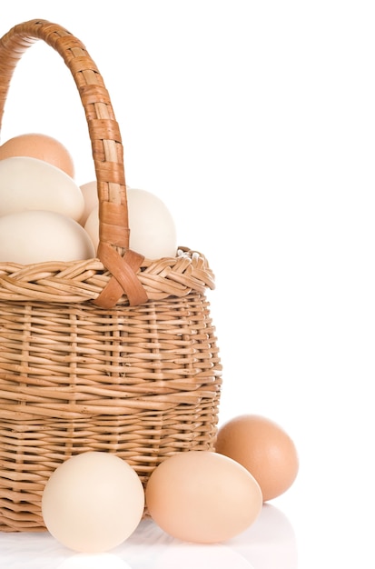 Eggs and basket isolated on white surface