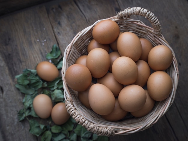 eggs in a basket on the table from the old boards