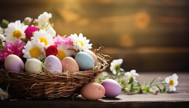 Eggs in a basket with flowers on a wooden table easter concept