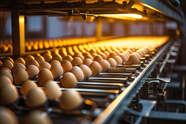 eggs on a belt moving along a conveyor line