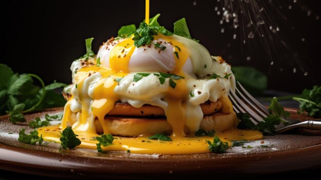 사진 에그 베네트 (eggs benedict) 는 일반적인 미국 아침 식사 또는 브런치 요리이다.